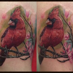 Color realism cardinal tattoo by Loretta Thomason